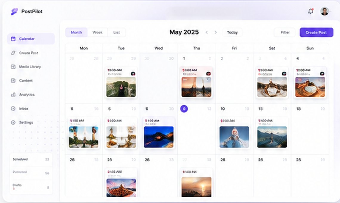 The PostPilot calendar showing a month of scheduled posts with thumbnails and times.