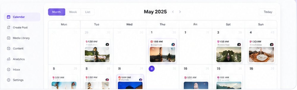 Month view of the PostPilot calendar with scheduled posts across a month.