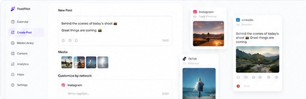 The PostPilot composer with a caption and live Instagram, LinkedIn and TikTok previews.