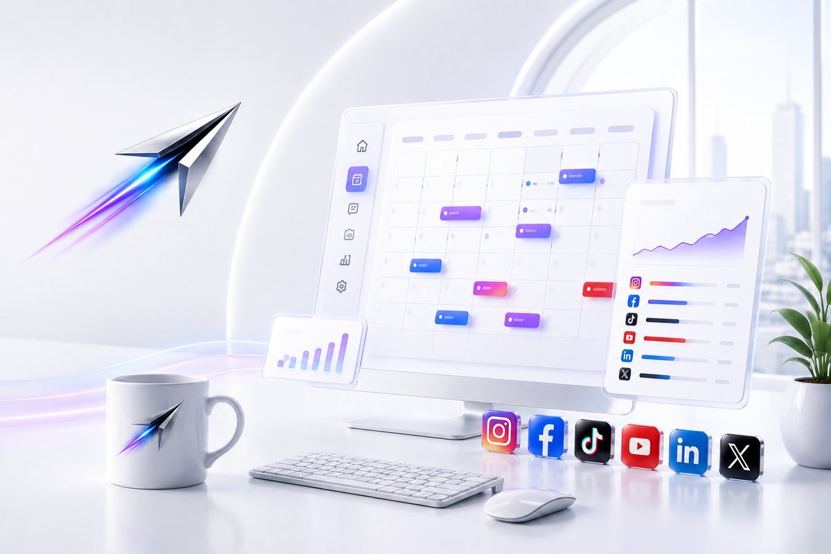 A desk with the PostPilot calendar open on a monitor, an engagement chart beside it, and Instagram, Facebook, TikTok, YouTube, LinkedIn and X icons along the desktop.